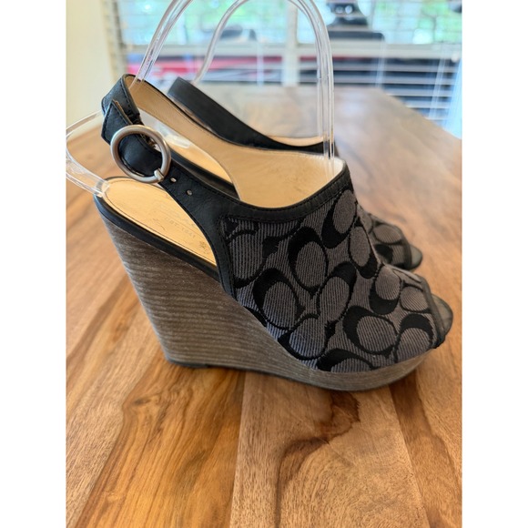 Coach Shoes - Coach Janet Signature Jacquard Wedge Sandals Black Grey Peep Toe Slingback F2080
